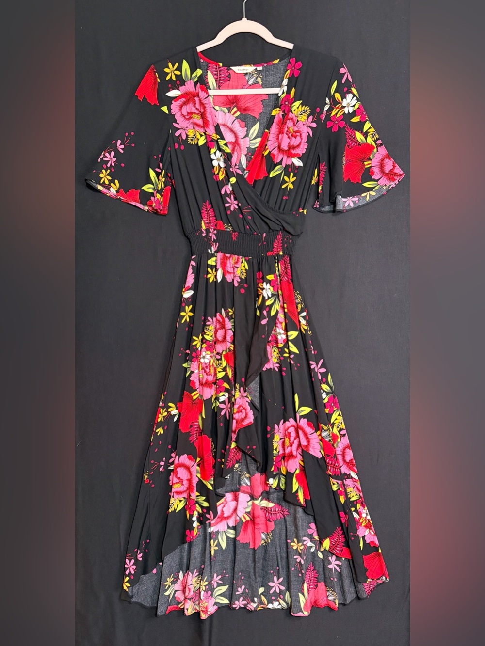 KorMei midi dress Small Black Floral pullon smocked waist asymmetrical rufflehem